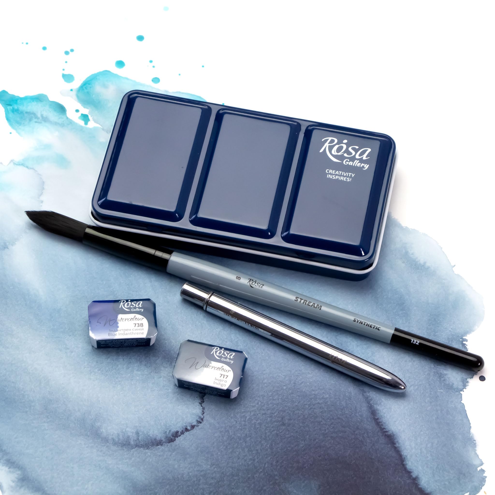 Rosa Gallery Leere Aquarellfarbenbox aus Metall (Indigo Voll 12 Napf)