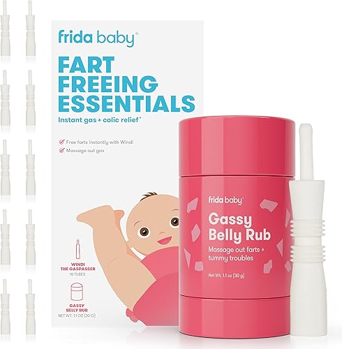 Frida Baby Esenciales para liberar pedos Incluye Windi y Gassy Belly Rub para alivio seguro, natural e instantáneo de gases y cólicos para bebés y