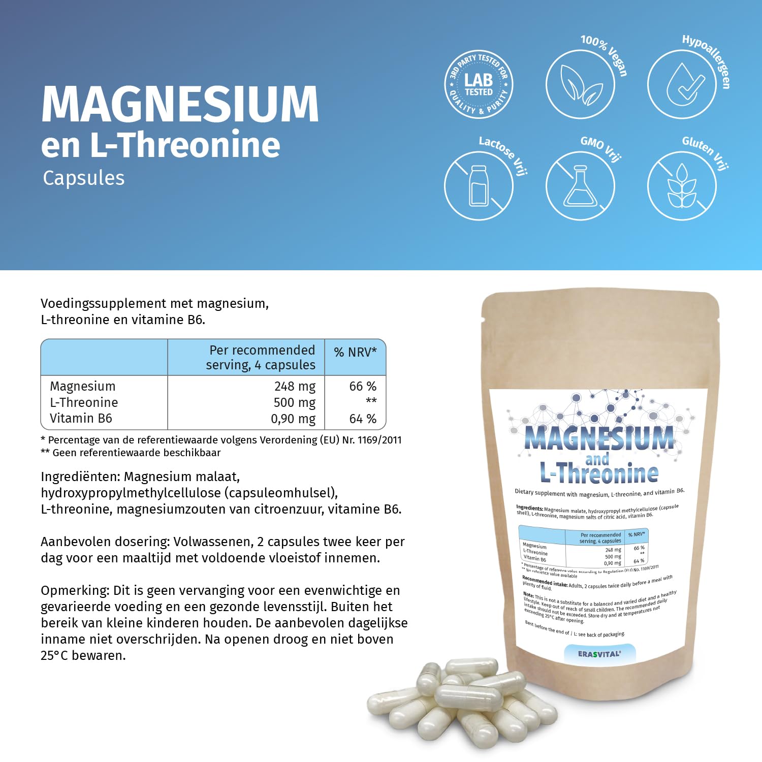 Magnesio L-Treonina 720 cápsulas Suministro para 1 mes: contribuye a la producción de energía a nivel celular y favorece la función muscular y nerviosa Vegan