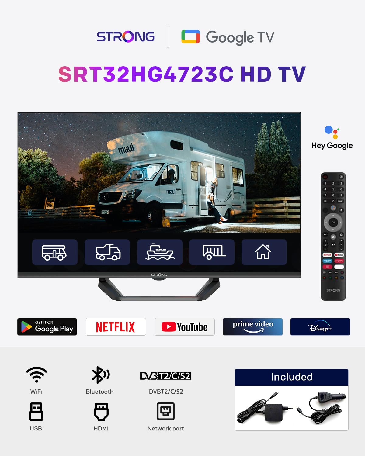 STRONG SRT32HG4723C 32'' TV HD, Nero | DVB-S2/C/T2, 12V Ideale per camper, cucina, 2 porte HDMI (1 ARC) + 1 porta USB + Mini-AV + Presa antenna/satellite