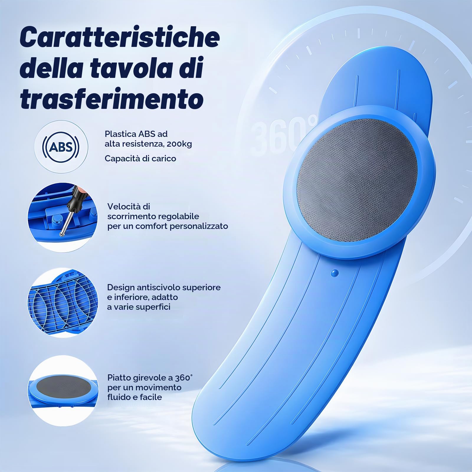 Tavola Trasferimento, Tavola Scorrevole 90cm Utenti su Sedia Rotelle Trasferimenti Letto Vasca Bagno e Auto Dotata Girevole a 360° Portata Massima 170kg Per Anziani Utilizzo Auto Sedia a Rotelle e WC
