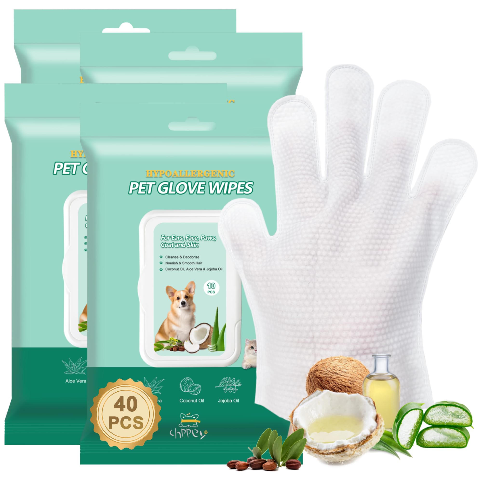 CHPPEY 40 PCS Pet Cleaning and Deodorizing Bathing Grooming Glove Wipes for Dogs and Cats, Extra Thick Nourish Fur No-Rinse Grooming Wipes for Daily