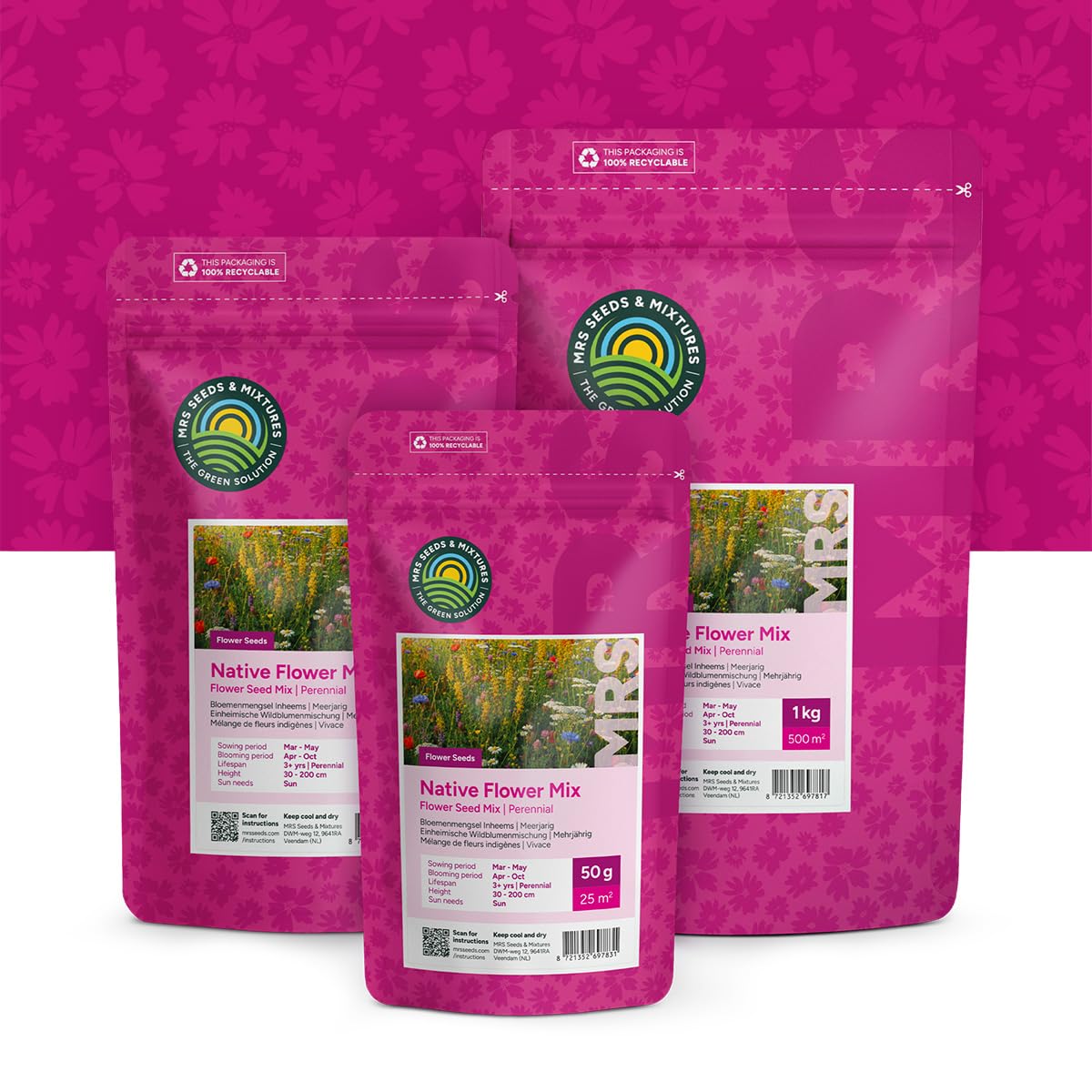 MRS Mélange de Fleurs Indigènes - Graines de Fleurs Vivaces et Annuelles - 1 kg (500 m²) - Favorise la Biodiversité - Attire Papillons, Bourdons et Abeilles