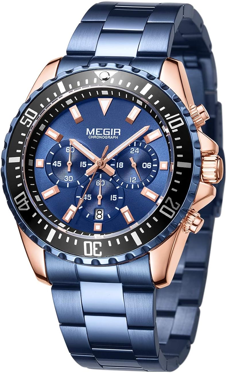 Megir - Reloj para hombre, cronógrafo, esfera azul, impermeable, correa de acero, fecha, analógico, pulsera de regalo elegante