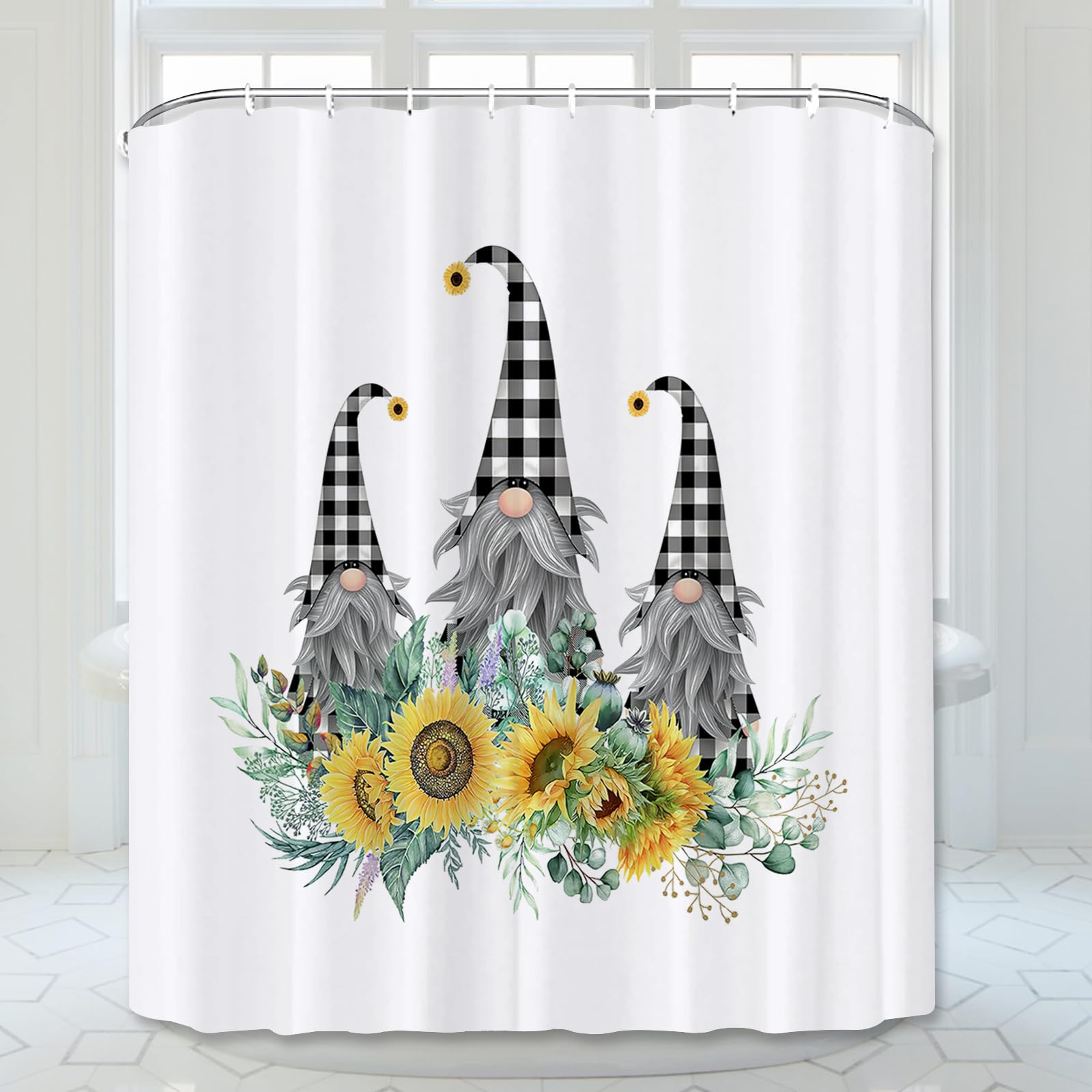 Abaysto Sunflower Gnomes Shower Curtain Checkered Plaid Shower Curtains,Spring Floral Plant Botanical Watercolor Green Leaves Bathroom Shower Curtains Set including Hooks Retro Bathroom Decor - Image 2