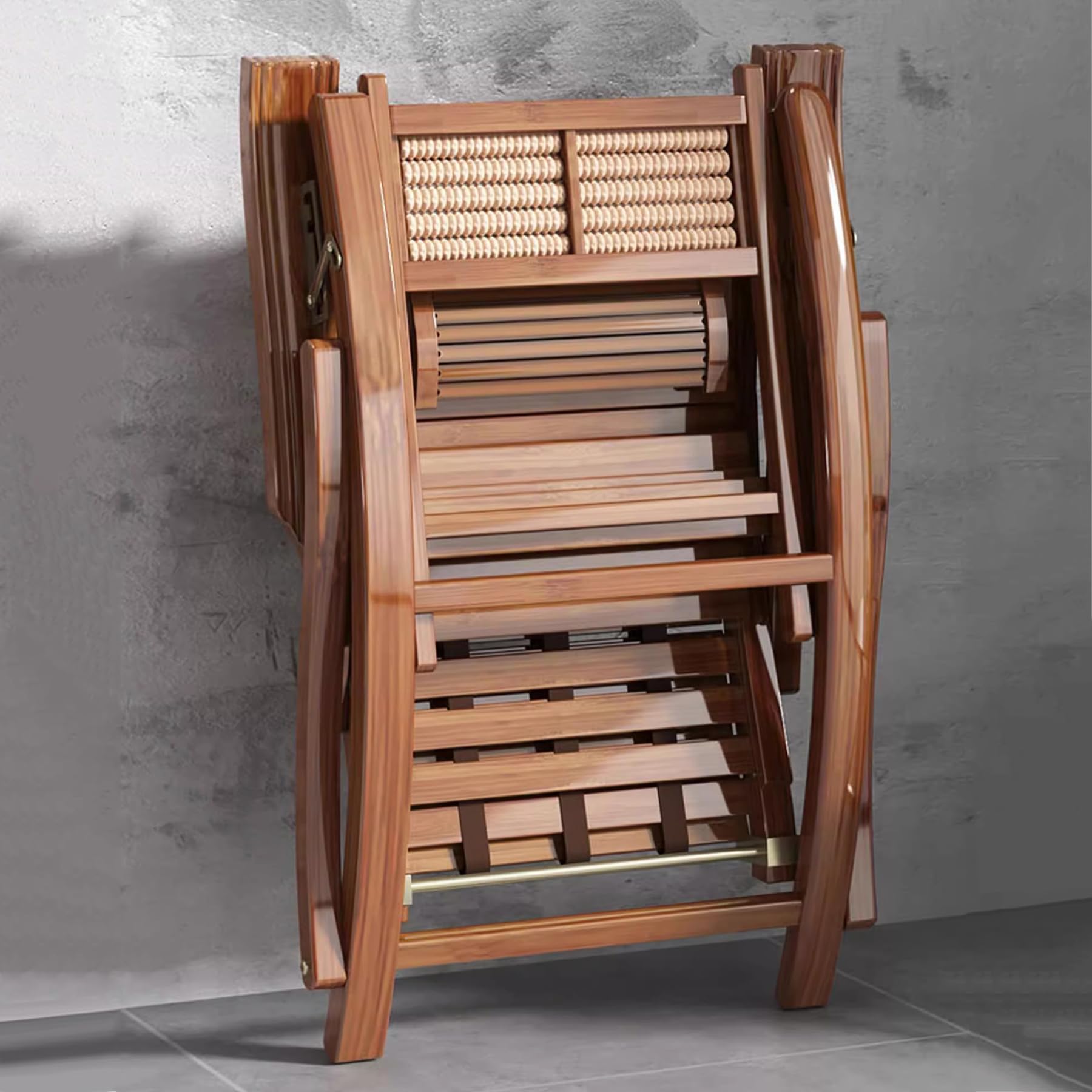 Tumbona de Madera Mecedora, Tumbona de Jardín Silla Reclinable Ajustable de 5 Posiciones con Reposapiés Extraíble, Sillón de Ocio al Aire Libre para Balcón Terraza, con Cojín