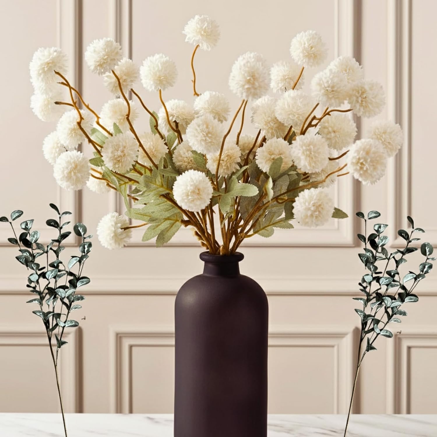 RyddeligHome White Faux Kiku Flowers for Vase - 10 Long Stem Artificial Flowers with Eucalyptus, Realistic Winter Floral Stems for Tall Vases, Farmhouse Home Decor (Premium Quality)