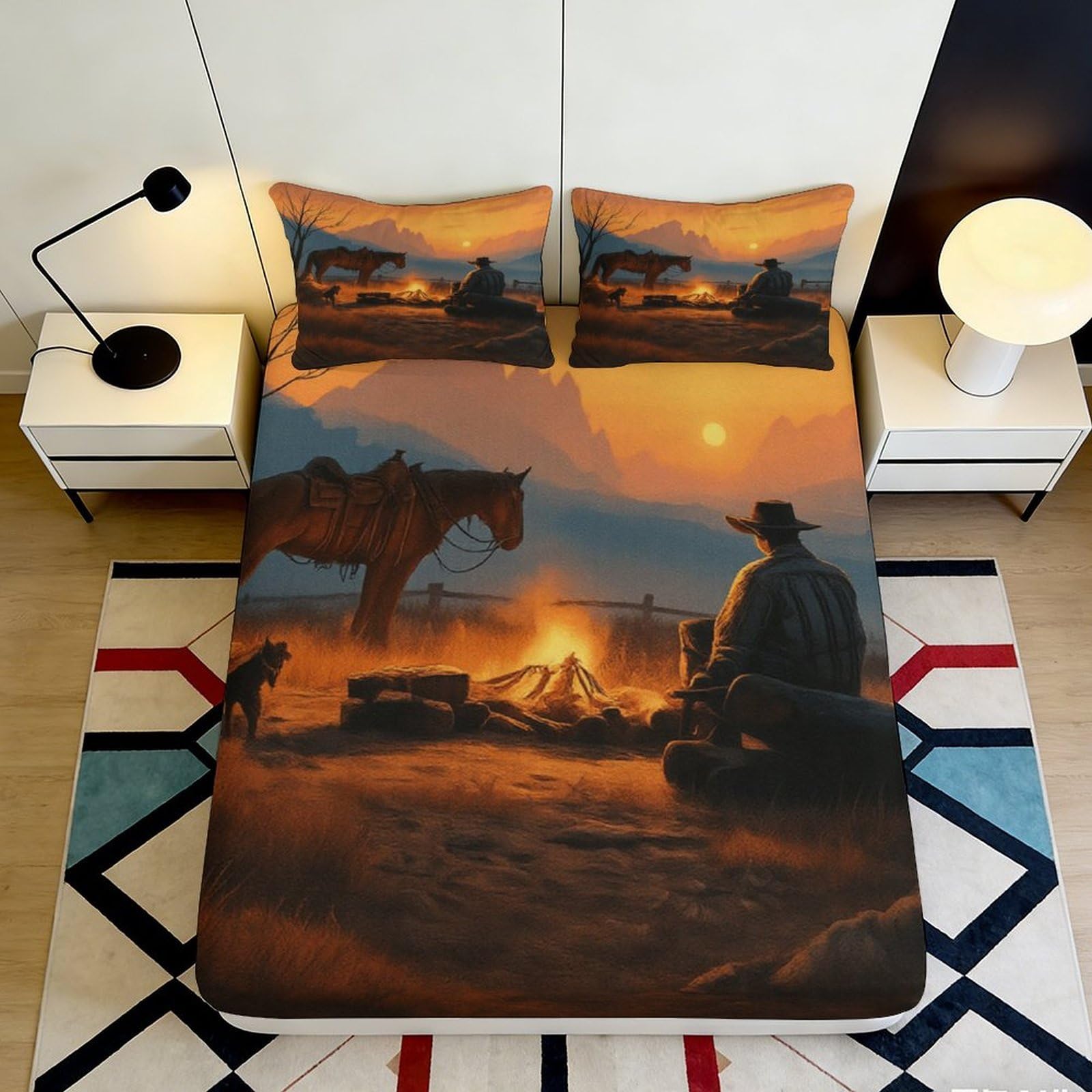 3D Printed Western Cowboy Campfire Fitted Sheet Microfiber Soft Durable Horse Silhouette Bed Cover for Bedroom Dormitory Guest Room Mattress Protection 160x200x25cm