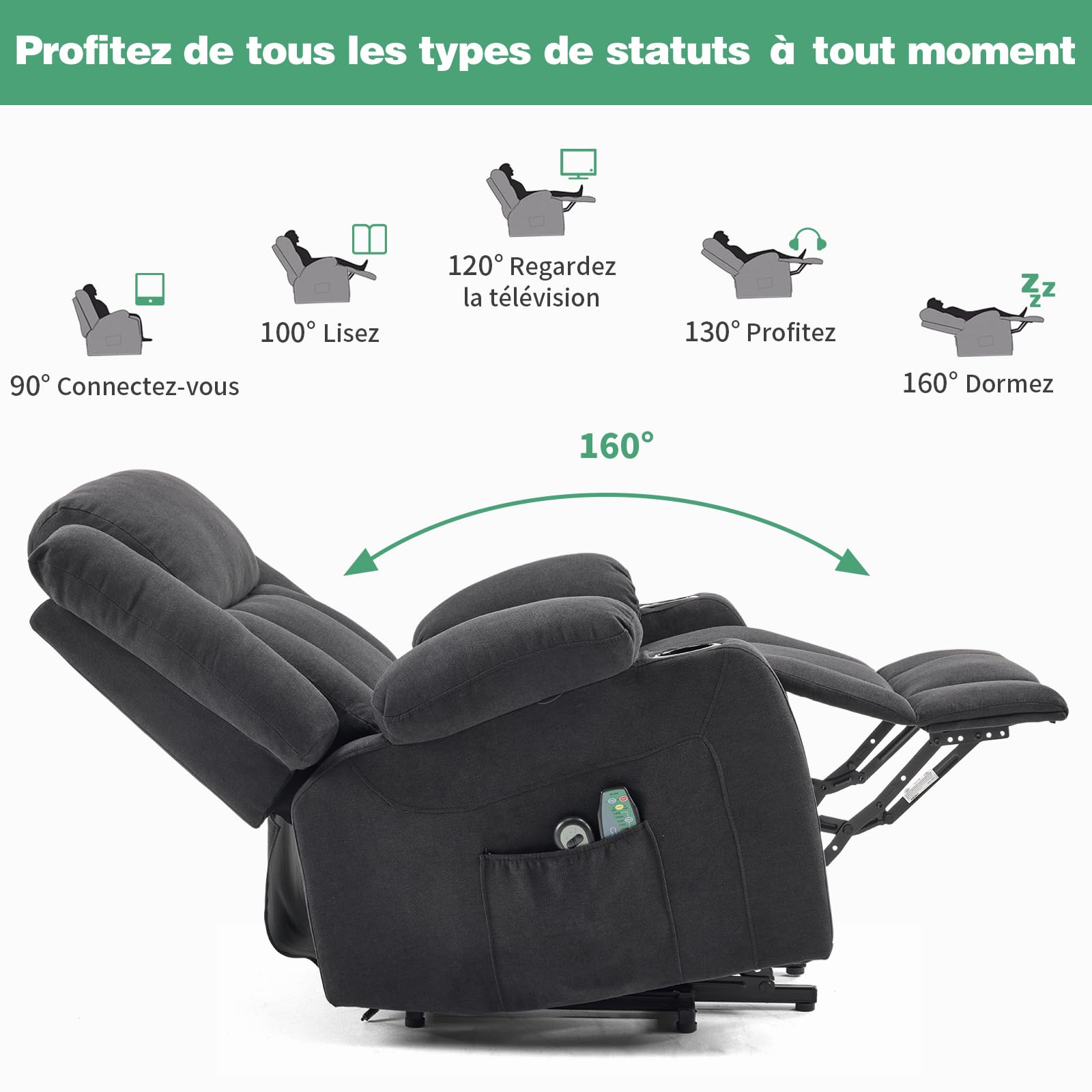 LEADZM Sillón Relax Reclinable Eléctrico Levanta Personas, Sillón Elevador, con función de Masaje por vibración y calefacción Negro