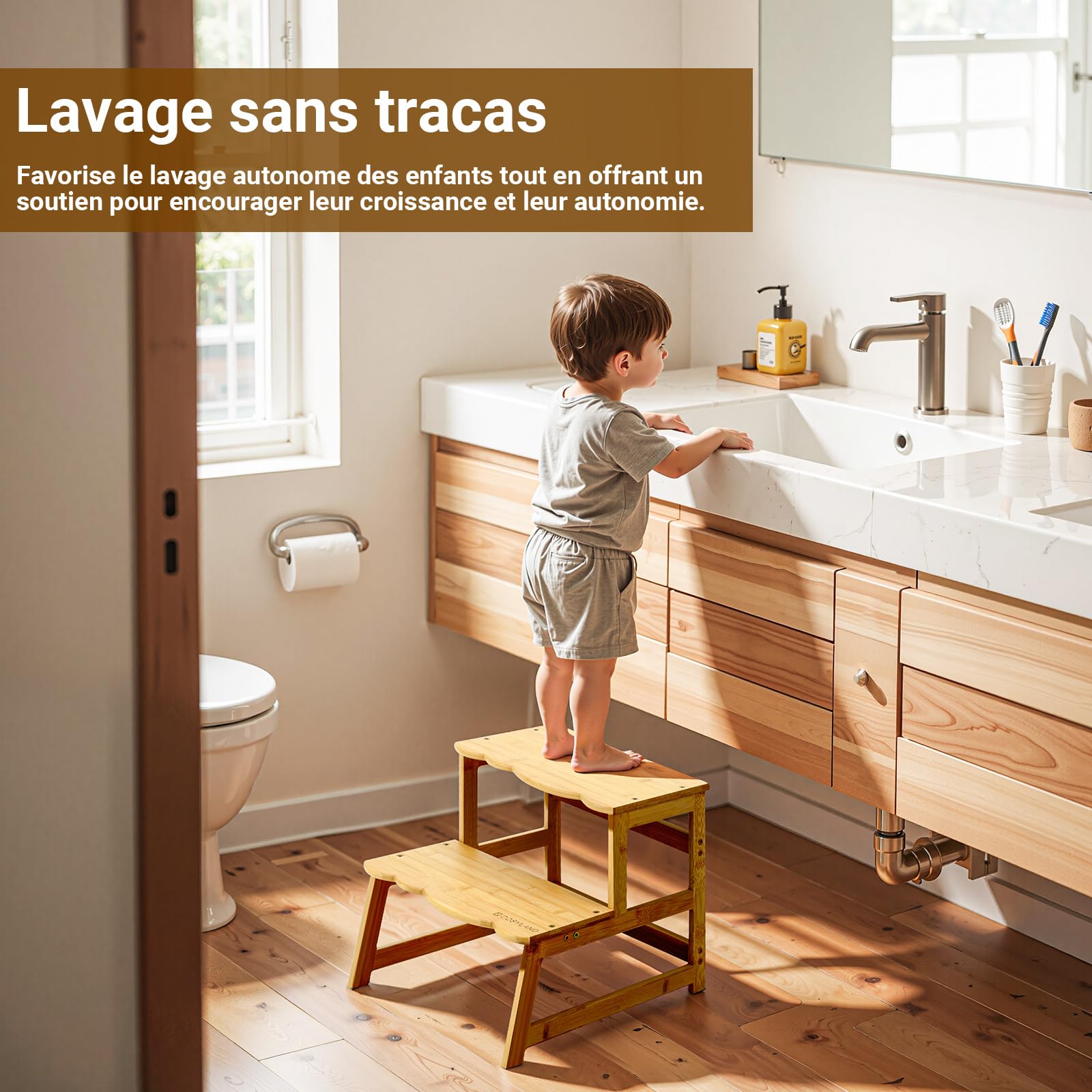 COSYLAND Tour d’Observation Montessori pour Enfant – Chaise d’Apprentissage Bébé Sécurisée, Tabouret en Forme Nuage Antidérapant pour Salle de Bain, Toilettes et Chambre – Natural