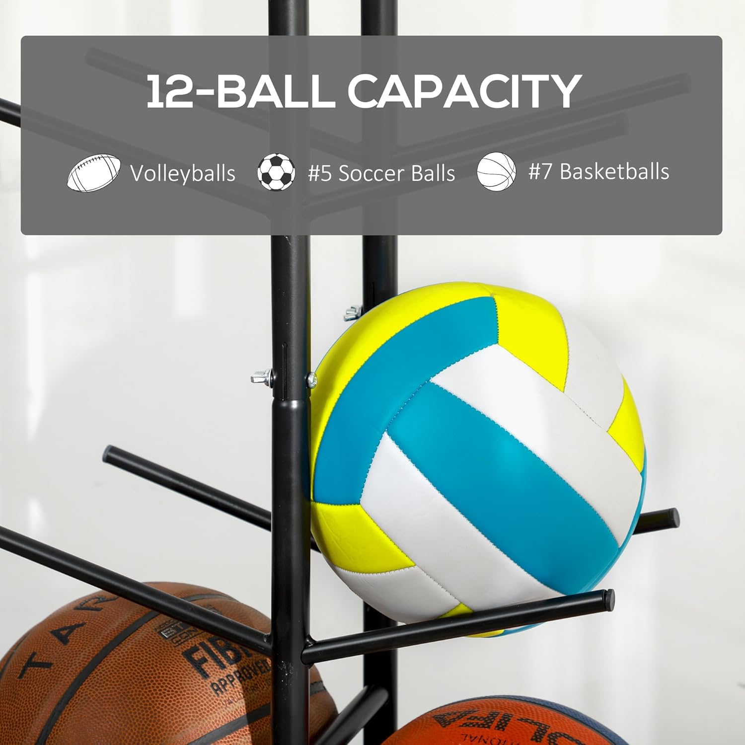 Soozier Steel Basketball Rack, Vertical Ball Storage Rack, Ball Organizer for Garage Gym Classroom, 12-Ball Capacity