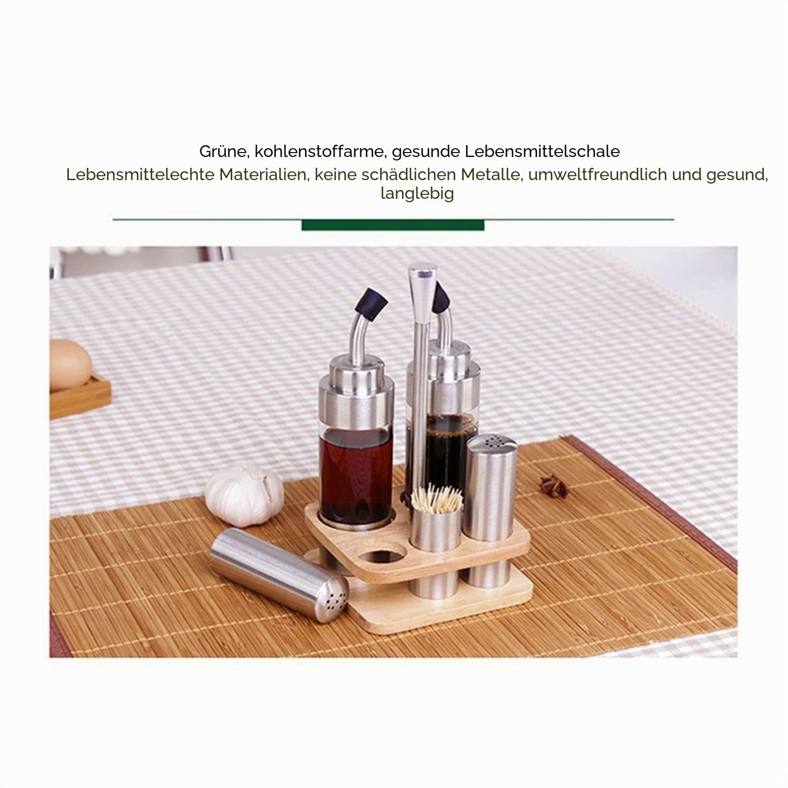 CUEI 6-teiliges Menage-Set aus Edelstahl und Glas, Öl-Essig-Menage-Flaschen, Salz- und Pfefferstreuer, Holzregal, Glas-Gewürz-Set für Küche, Tablett, 22.4 fl.oz, BPA-frei, Spülmaschinenfest