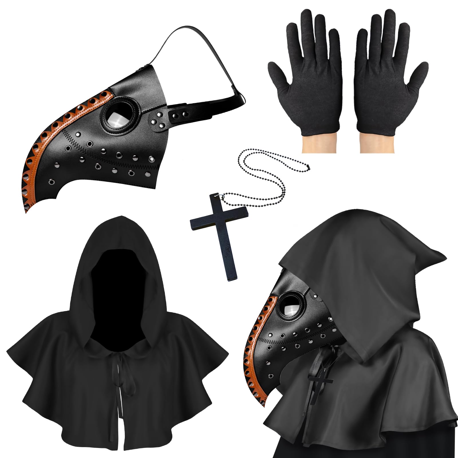 Lifreer Plague Doctor Mask - Steampunk Bird Mask Costume for Adults Black & Orange with Gloves & Hooded Cloak Cape for Gothic Halloween