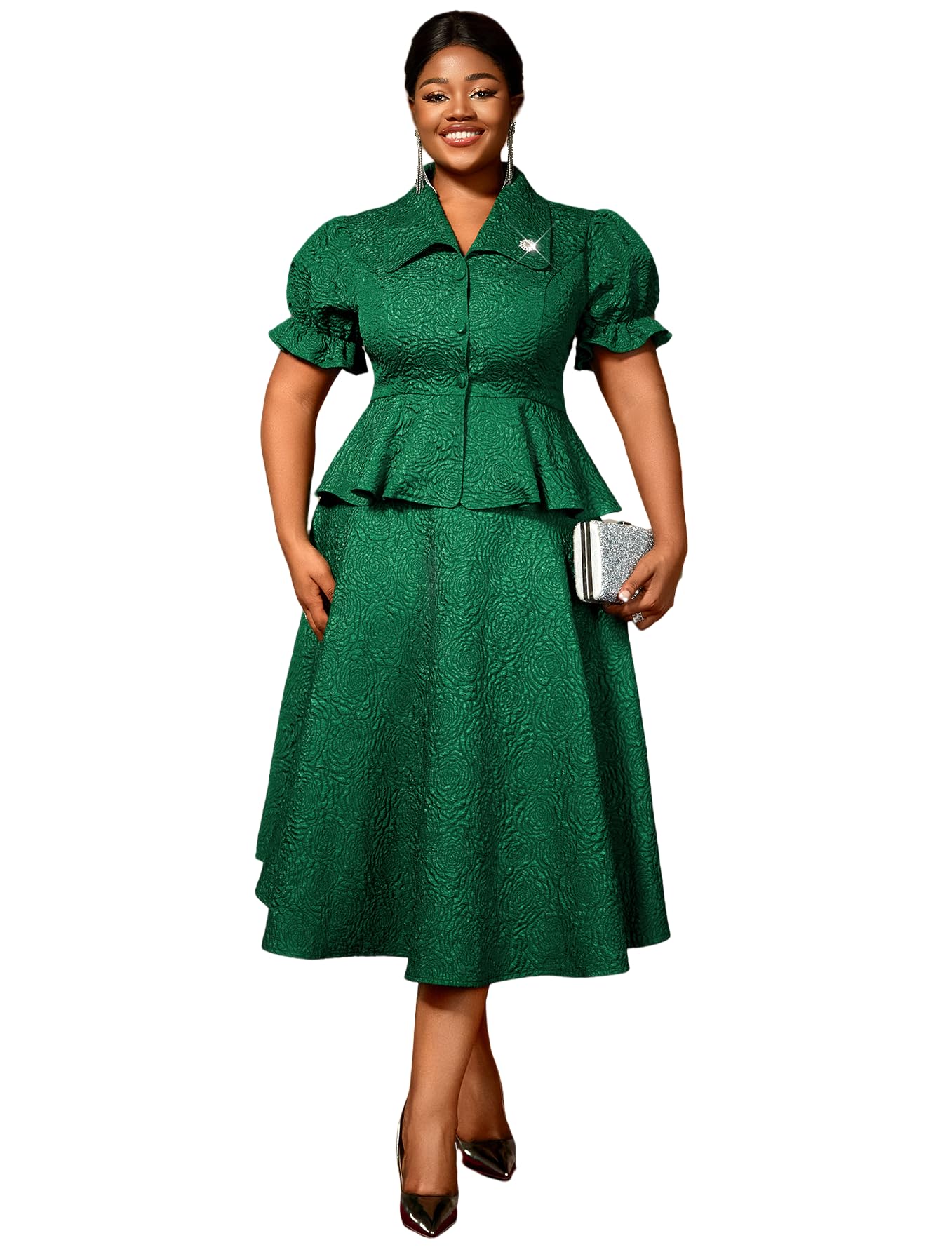 AOMEI Summer 2 Piece Formal Outfits for Women Floral Jacquard Button Down Peplum Top A Line Midi Wedding