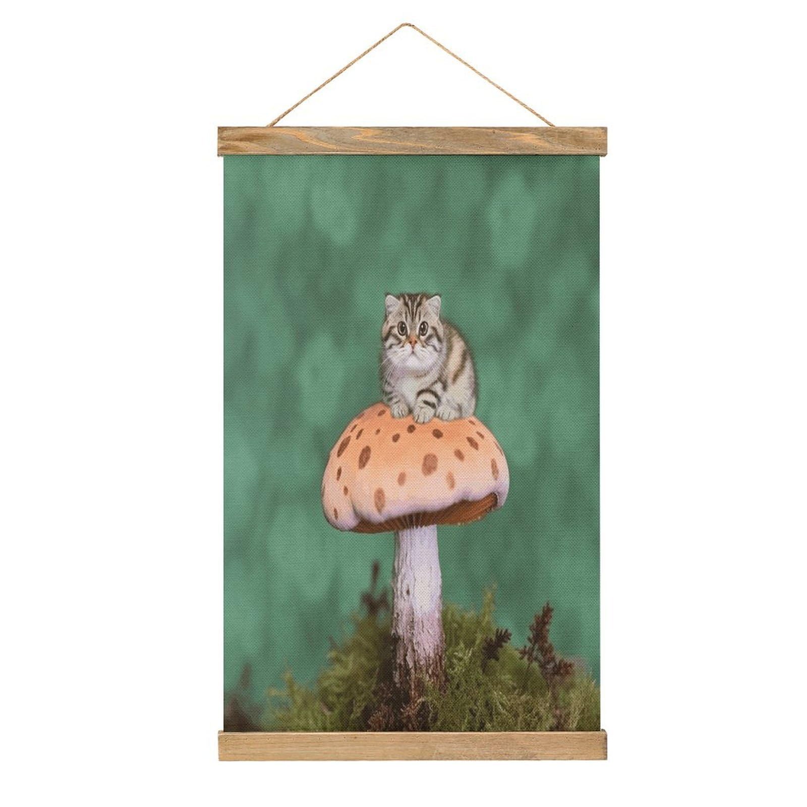 FekiLoot Cat on Mushroom Wall Art Poster Hanger Frame Linen Wall Art Decor Vintage Hanging Poster Hanging Wall Decor Rustic Retro Wall Art Print for Living Room Decor 20.4 X 13.1Inches