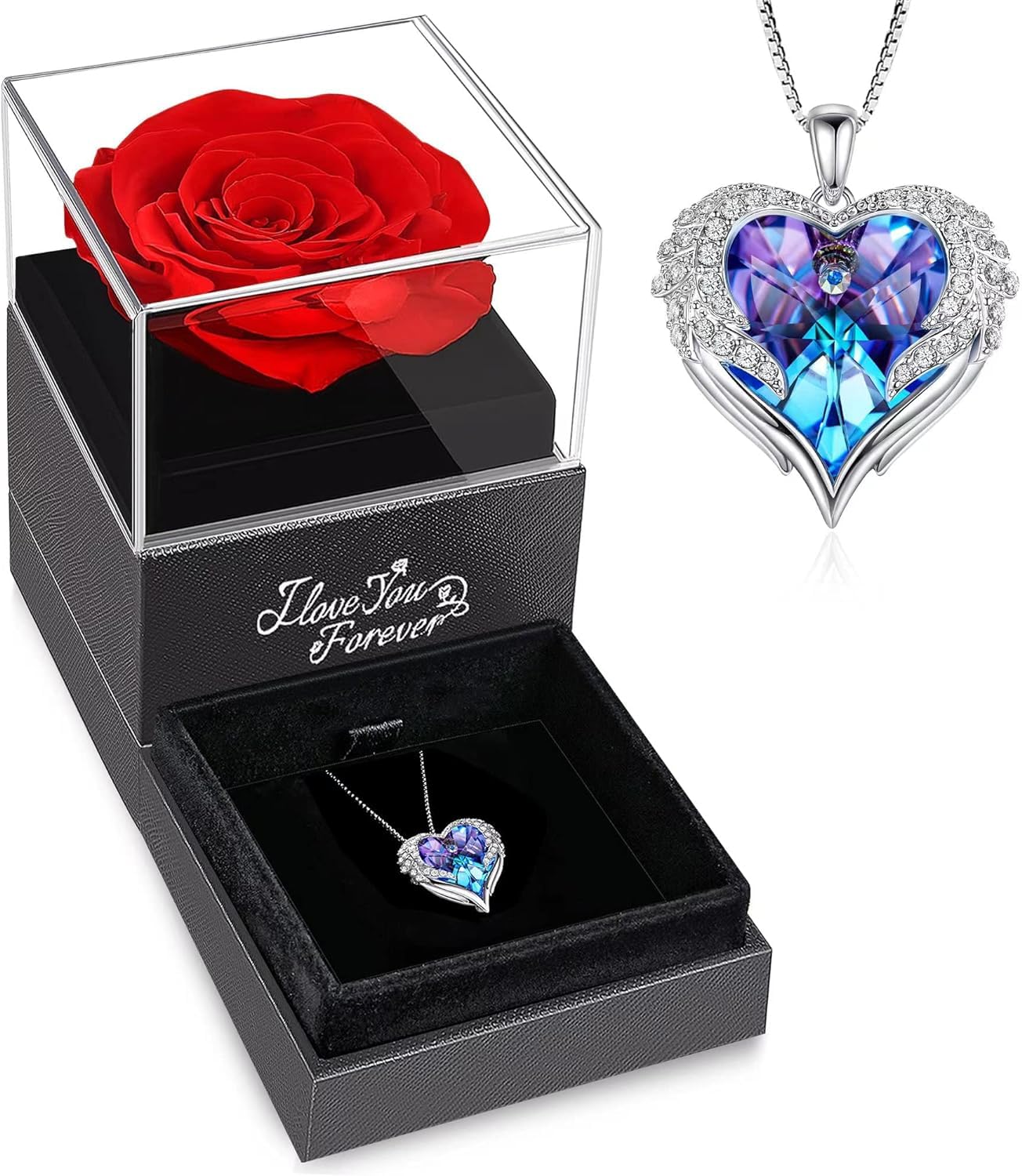 Preserved Rose Flower with Heart Necklace, Gift for Wife, Girlfriend, Fiancée On Valentines Day Birthday Anniversary, Necklace with Rose Flower Box Bag Gift Card (Purple (Red Rose))-image-31