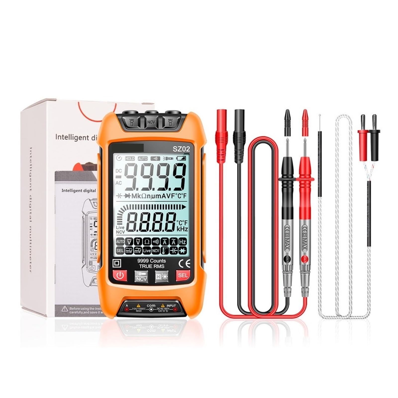 Multimetro Digitale 6000/9999 Conta Tester Di Resistenza Alla Corrente Di Tensione CC/CA Vero RMS Misuratore Di Capacità Elettrica Automatica(Orange SZ02)