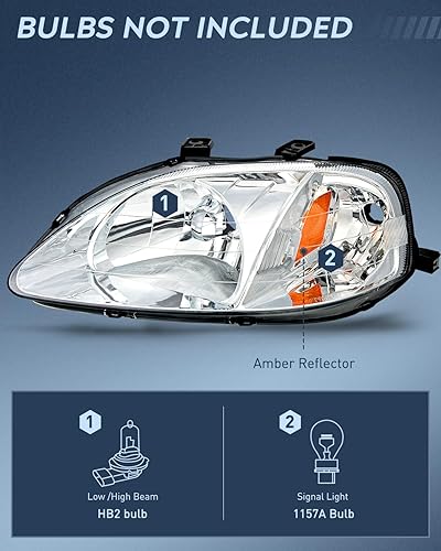 Miniatura 2 de Nilight Conjunto de faros delanteros compatible con Honda Civic 1999 2000, carcasa cromada, reflector ámbar, lente transparente mejorada, lado del