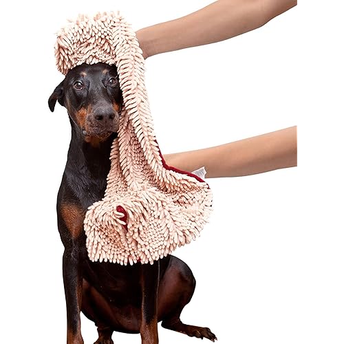 Soggy Doggy Super Shammy Dog Towel, Washable Microfiber Dog Towels for Drying Dogs and Cleaning Paws, Fast-Drying Dog Bath Towel with Hand Pockets, Beige/Red Trim, 31 x 14 Inches