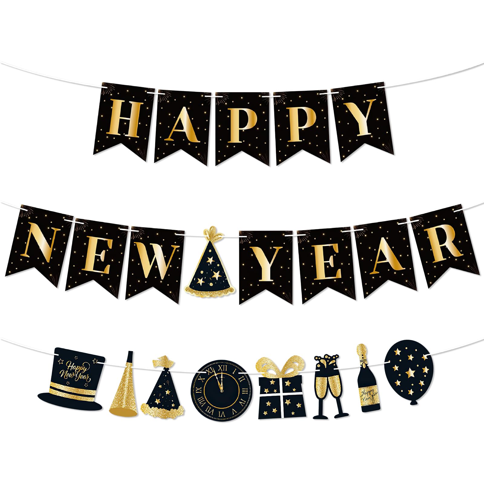 Happy New Year 2026 Banner, New Years Eve Party Decorations 2026, Glitter Black Gold Happy New Year Banner