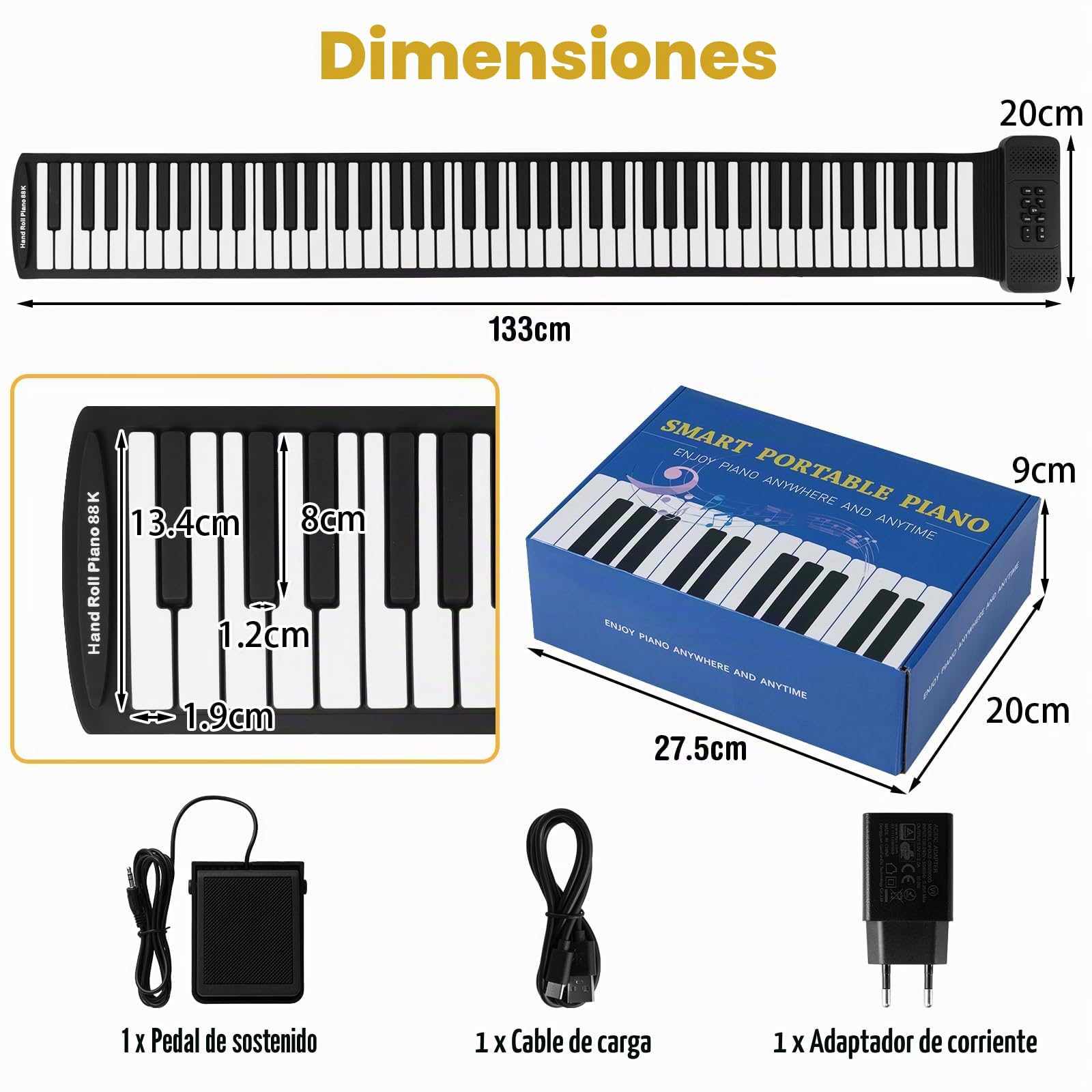 KOMFOTTEU Piano Digital Enrollable 88 Teclas, Piano Electrónico Plegable con 128 Ritmos y Tonos, 14 Demostraciones, Teclado de Piano con Función MIDI