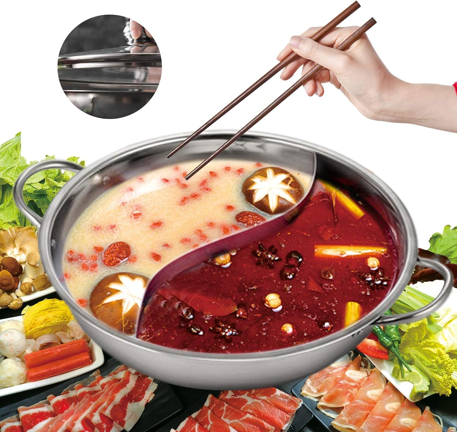 Inllex Stainless Steel Shabu Shabu Hot Pot With Divider for Induction Cooktop Gas Stove (30cm, With Cover) - Partition Cooking Pot, Big Soup Pot, Two-Flavor Design S Grid Mandarin Duck 2