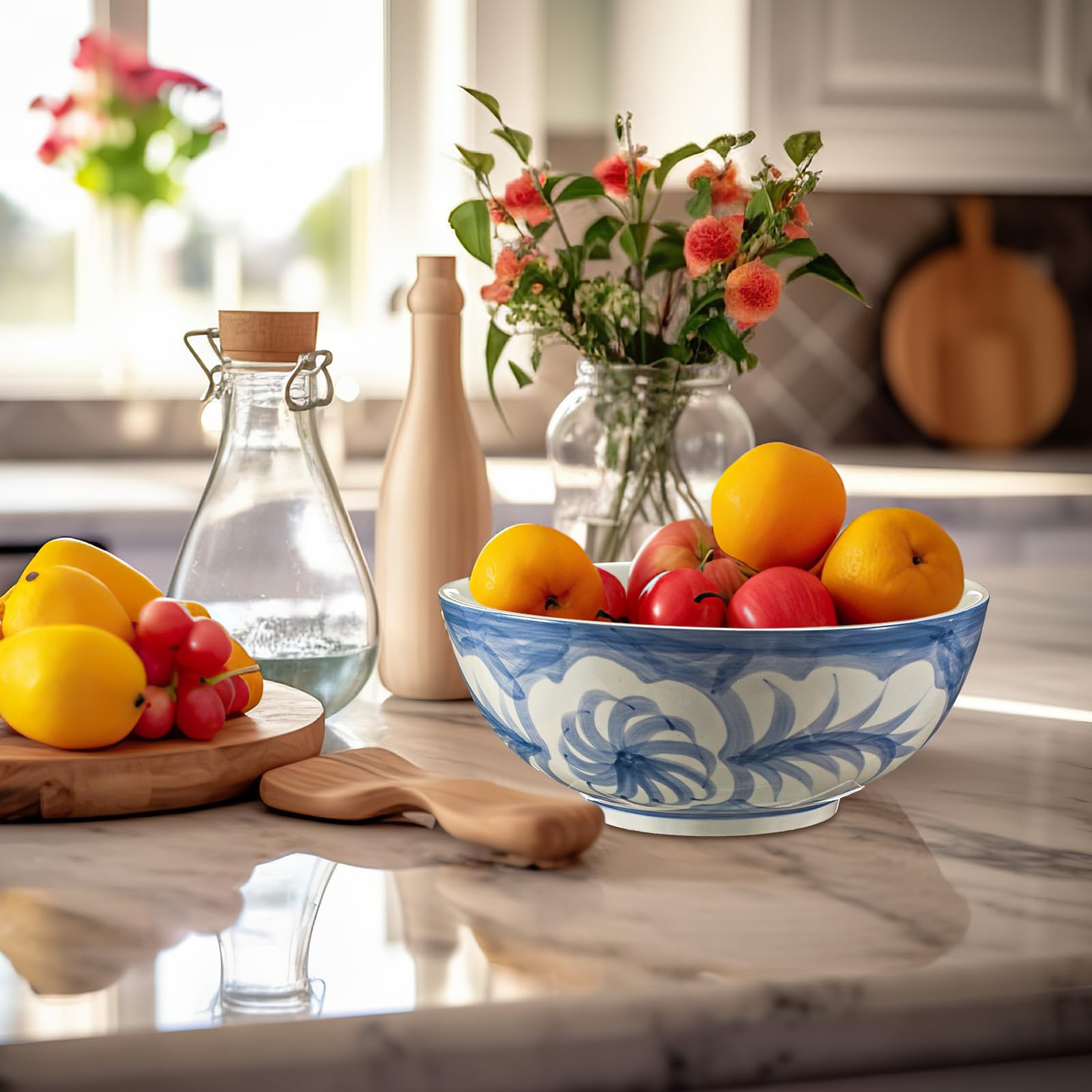 Maxdot Bol en grès peint à la main avec motif floral, bols décoratifs bleus et blancs de 25,4 x 12,7 cm en porcelaine pour salade, céréales, soupe et fruits, décoration d'intérieur
