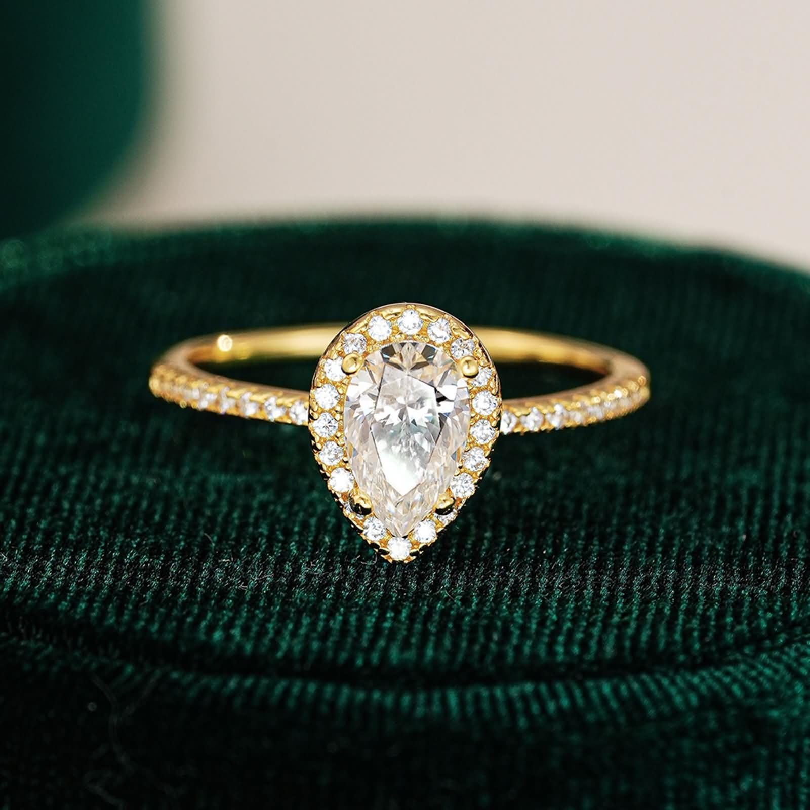 Anillo de oro auténtico para mujer, con forma de gota de 1 ct, moissanite, anillos de compromiso, halo, oro amarillo, anillo de banda para mujer