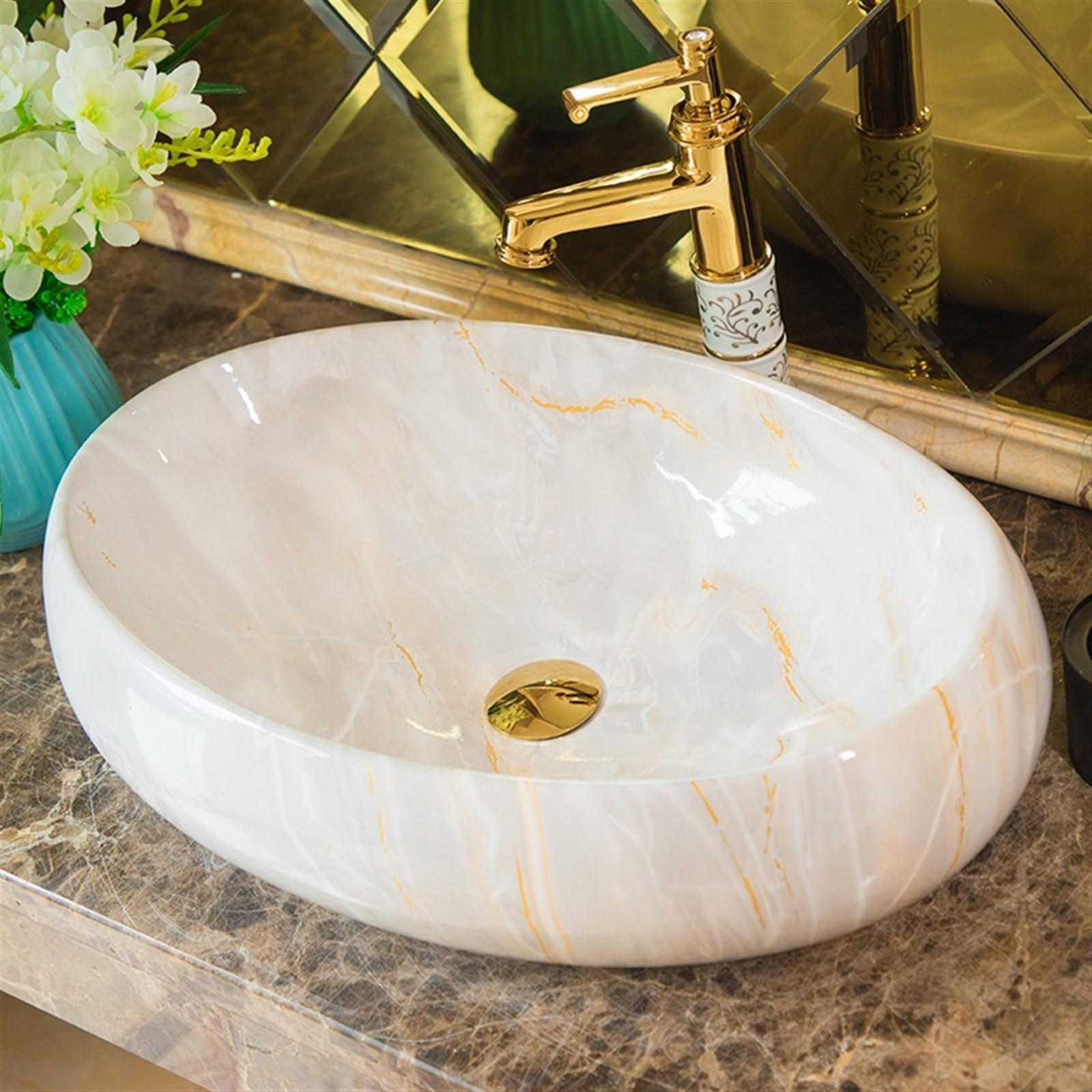 Lavabo De Encimera De Cerámica Ovalada con Accesorios Lavabo De Cerámica Pequeño para Baño Lavabo De Encimera De Cerámica con Textura De Imitación De Mármol