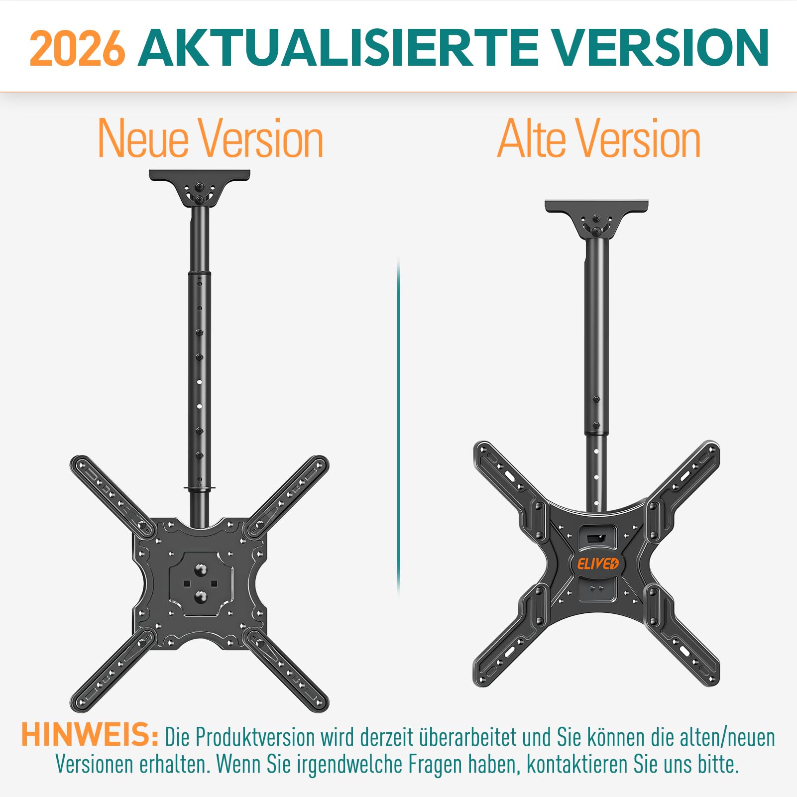 ELIVED TV Deckenhalterung für die meisten 26-65 Zoll Flach & Curved Fernseher bis zu 45KG, max. VESA 400x400mm, Höhenverstellbare TV Halterung für Flachdach oder Schrägdach, EV3015