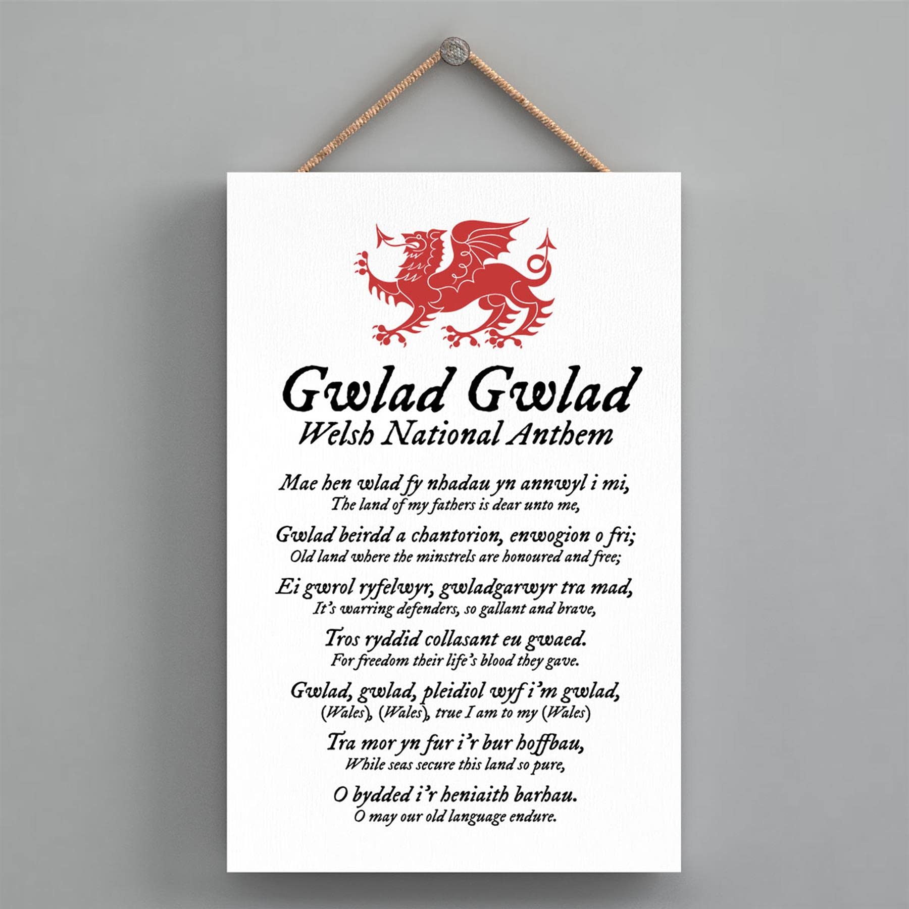 Global Designs Welsh National Anthem Welsh Dragon Sign Decorative Hanging Wooden Plaque, White Grain With Uv Print