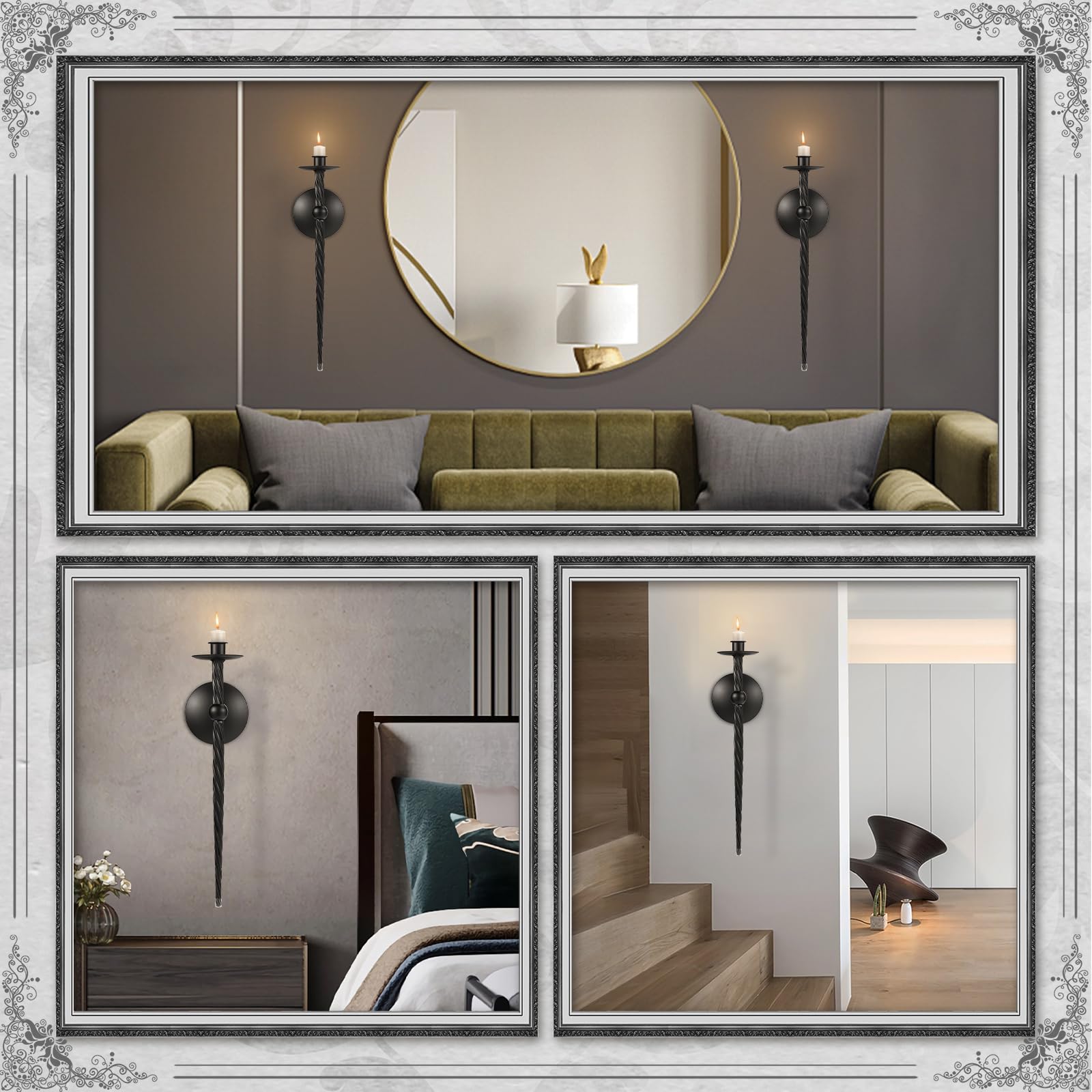 Juego de 2 candelabros de pared - Portavelas de metal trenzado grande (16 pulgadas) para decoración elegante en el comedor, sala de estar, oficina y baño