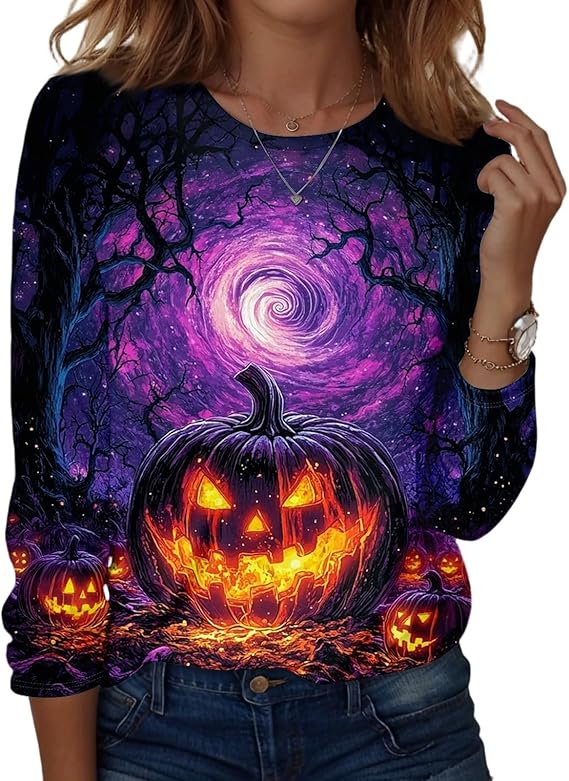 Halloween Shirts for Women Long Sleeve Plus Size Fashion Crewneck Comfortable Tshirts Halloween Costumes for Women