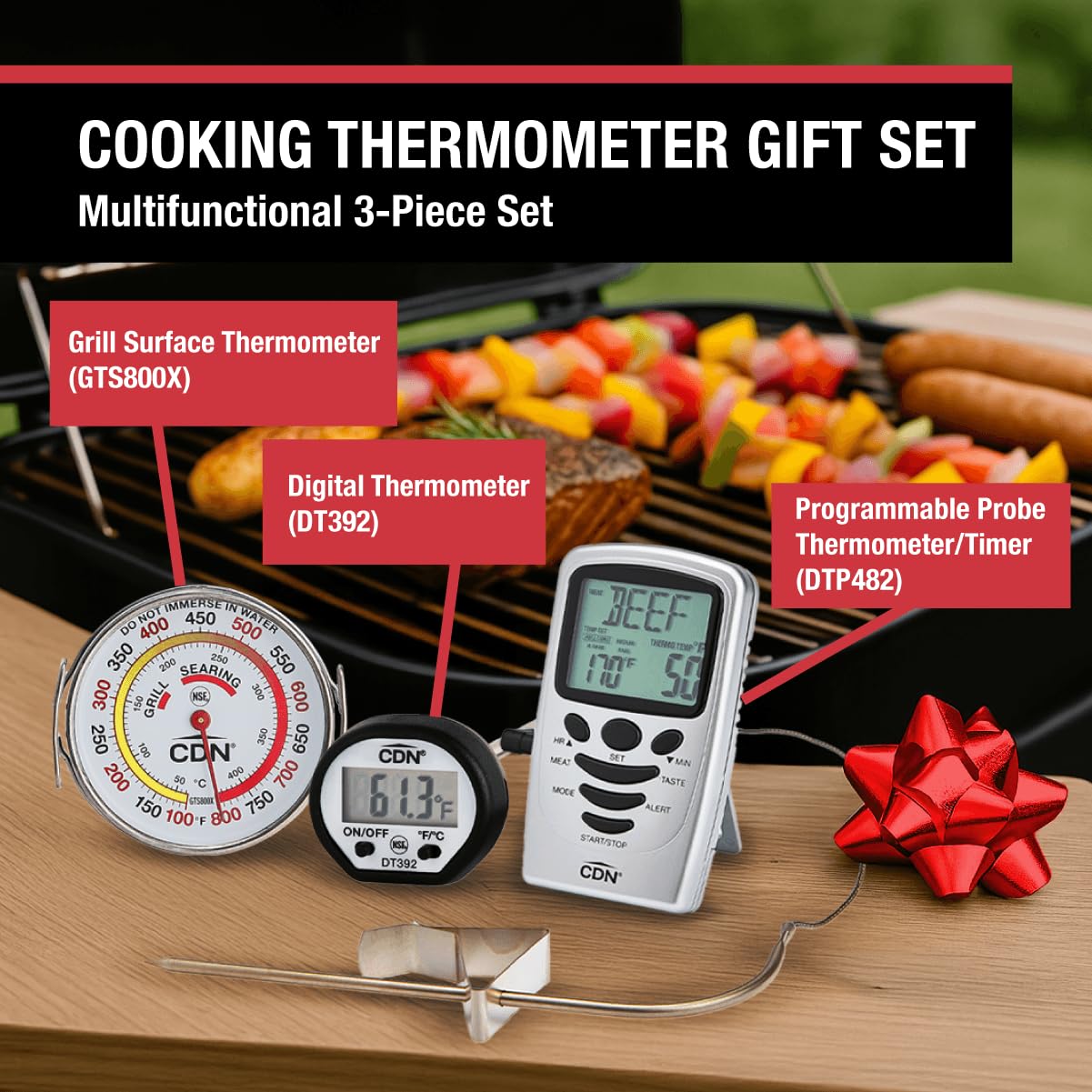 CDN Gifts Set 3-Piece Chef's Thermometer Set, Including Digital Probe Timer, Meat Thermometer, Grill/Oven Surface Thermometer.
