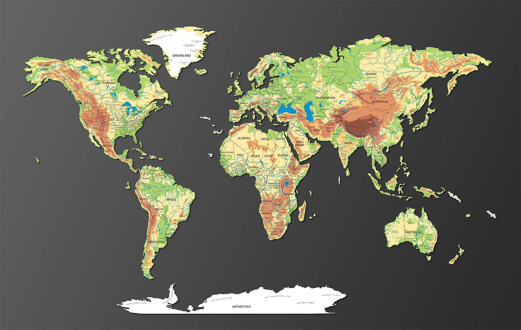 68travel Colorido mapa del mundo de madera, geografía física (120 cm), nombres impresos, ríos, características geográficas, diseño único, para el hogar y la oficina