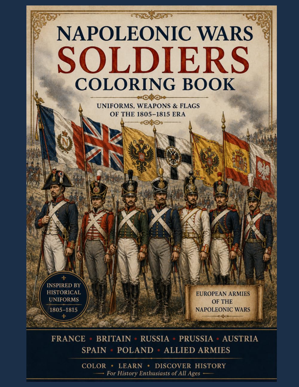 Napoleonic Wars Soldiers Coloring Book: French, British, Prussian, Russian and Allied Armies 40 Detailed Designs for Relaxation