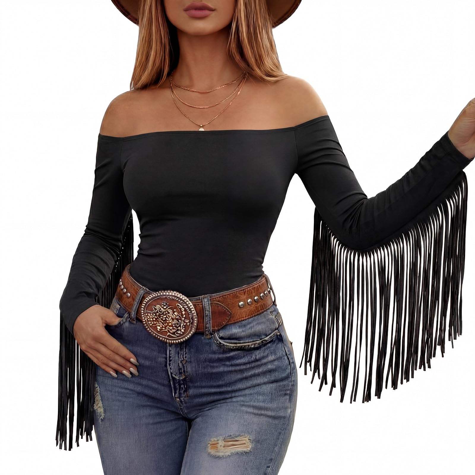 Funnysoft Women Fringe Top Western Off Shoulder Cowgirl Shirt Fitted Long Sleeve Tassels Top Country Concert Festival Outfit, Black, XL — image 1