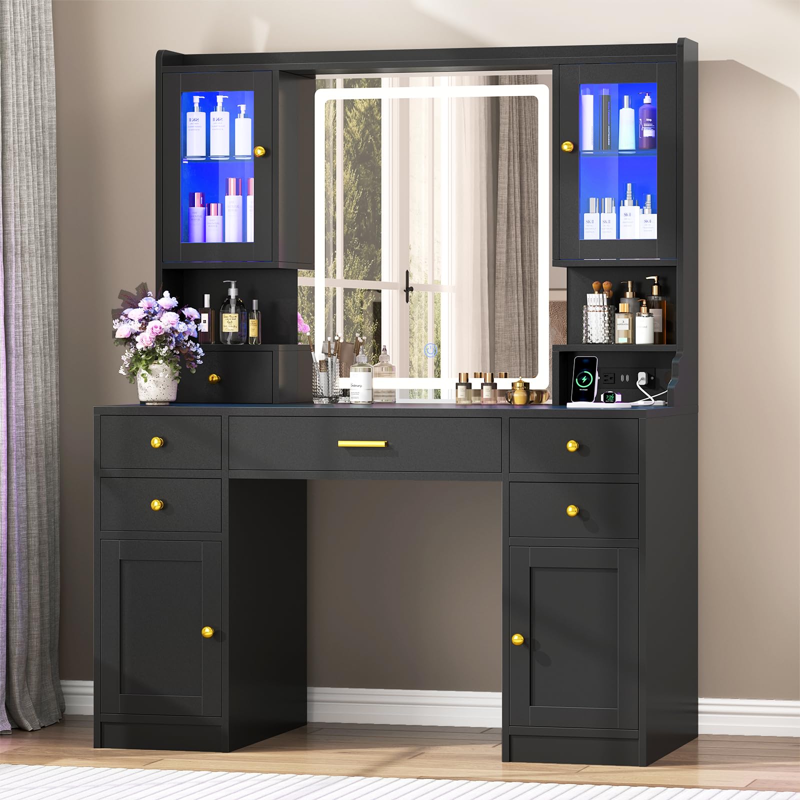 CSZZD Makeup Vanity Desk with Mirror and Lights, Black Vanity Table Set with Charging Station, Dressing Table with RGB Cabinets, Makeup Vanity Mirror with Light Desk and Drawers, 3 LED Light Modes