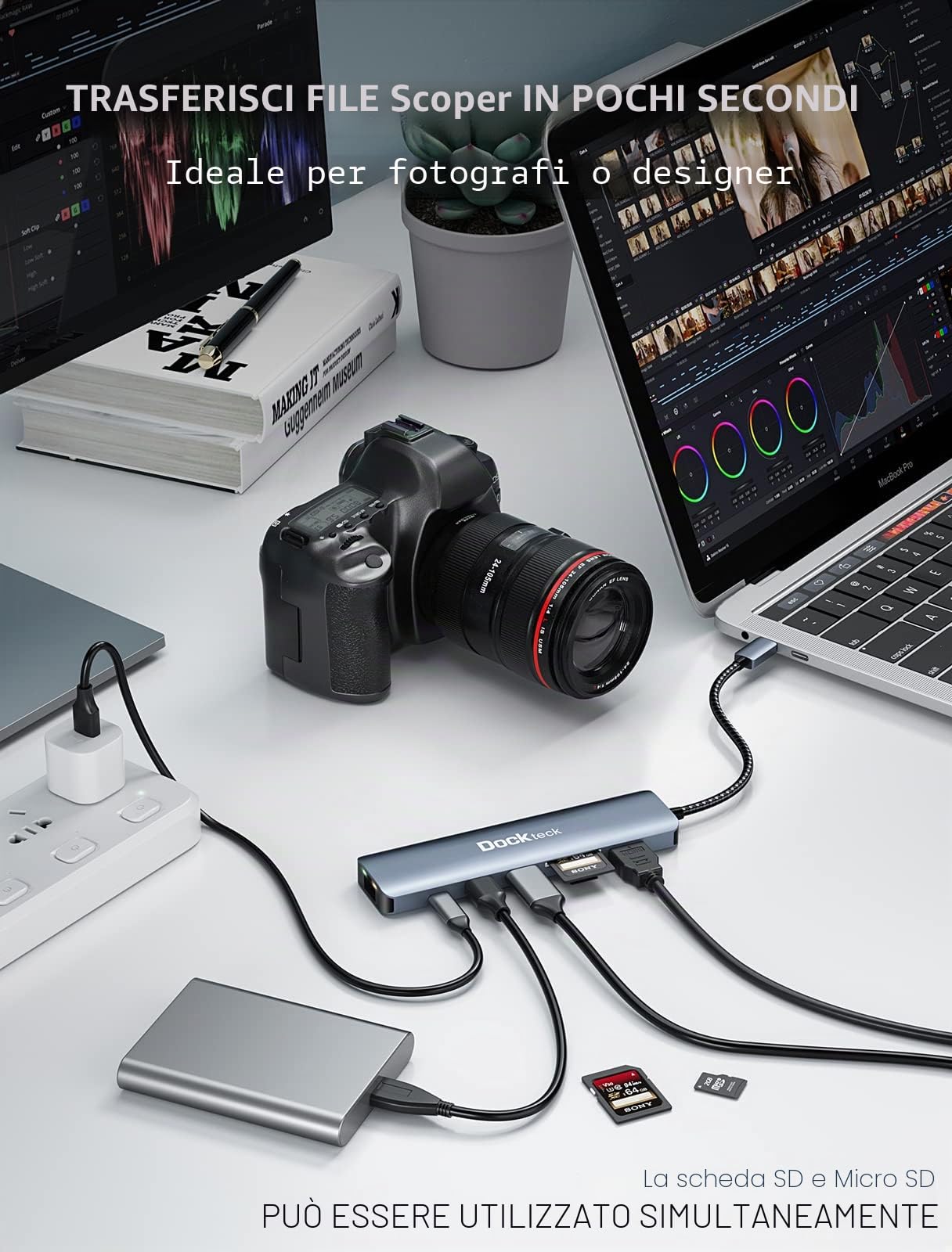 Adattatore USB C Hub Dockteck 7 in 1 Dock DD0003 USB C, Ethernet LAN RJ45, 4K 60Hz HDMI, 100W Power Delivery, 2 porte USB 3.0 e SD/microSD per MacBook M1, iPad Pro, Surface Pro e altro ancora