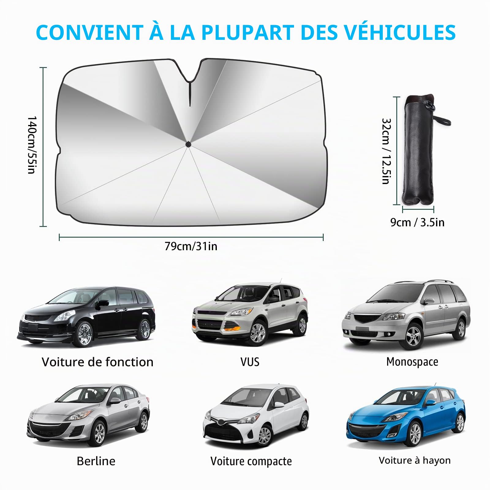 Pare-Soleil Voiture Pare-Brise Avant, 140x80 cm Grande Taille,Protection UV & Anti-Chaleur Pliable Anneau de Traction à Corde noireavec Découpe pour Rétroviseur– Idéal pour SUV et pour Voiture