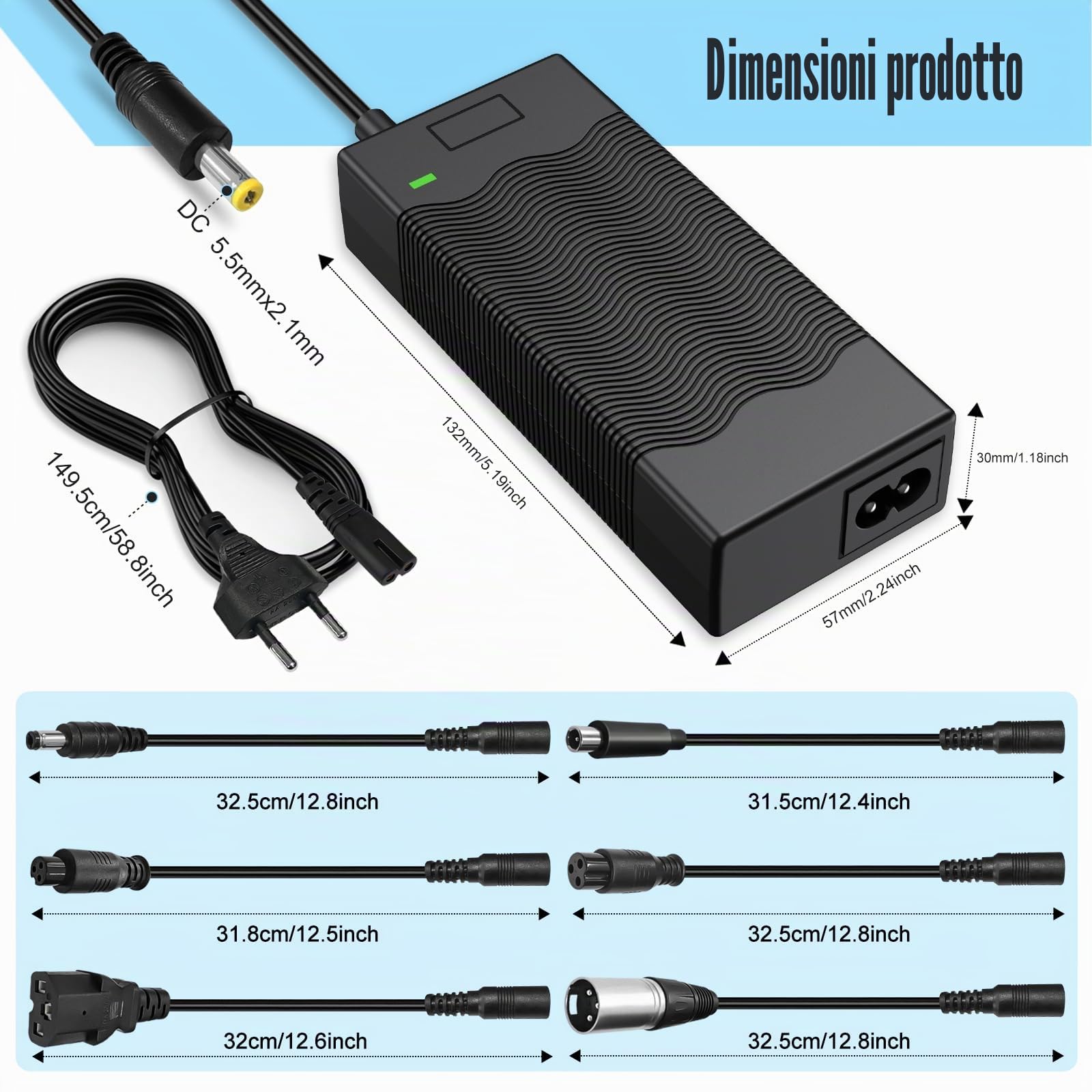 Caricatore Scooter Elettrico 42V 2A con 6 Spine, Alimentatore per Batteria al Litio 36V, Compatibile con Xiaomi Mi, Ninebot, Hoverboard ed E-Bike, Adattatore di Ricarica con Cavo