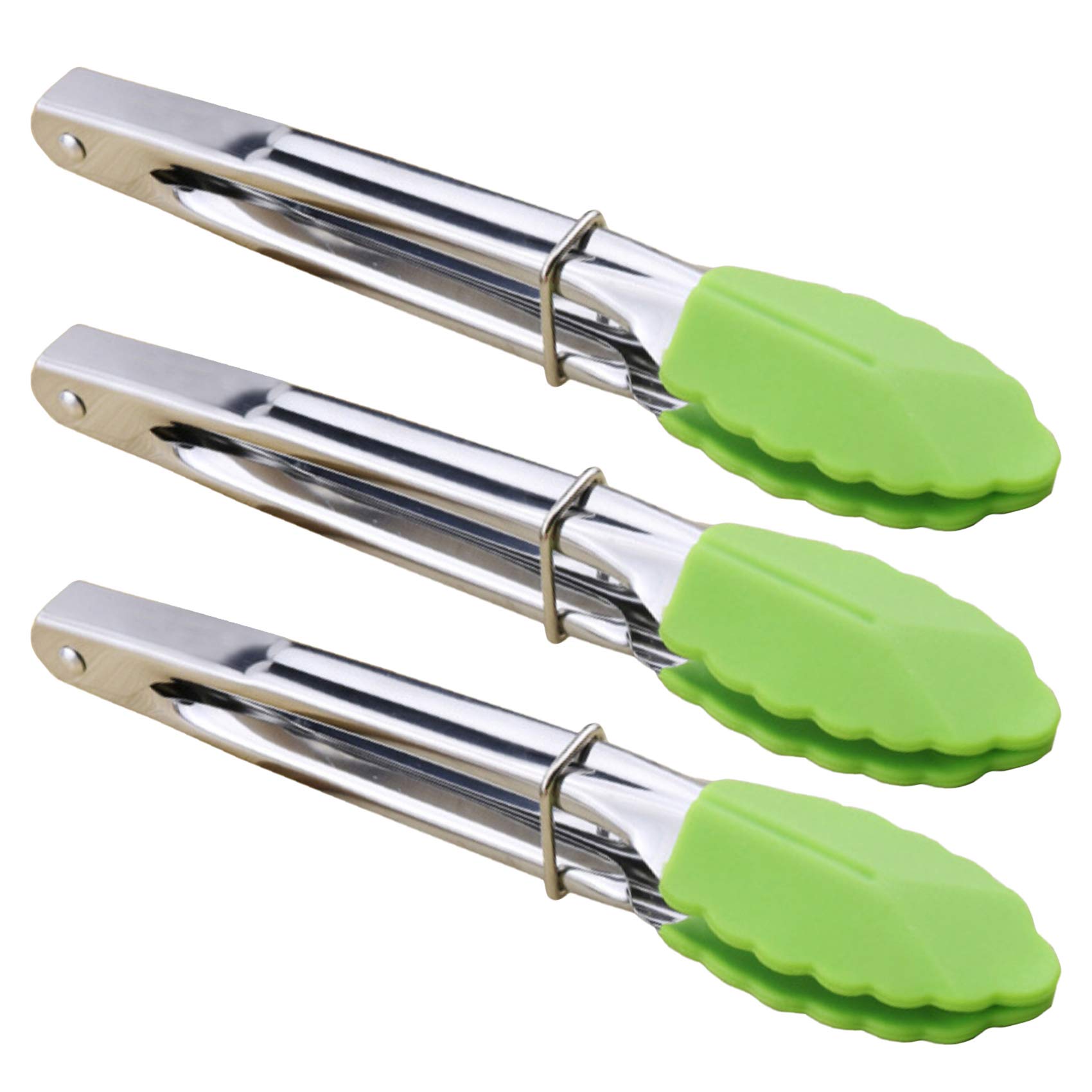 HINMAY 7" Mini Tongs with Silicone Tips, Set of 3 (Green)
