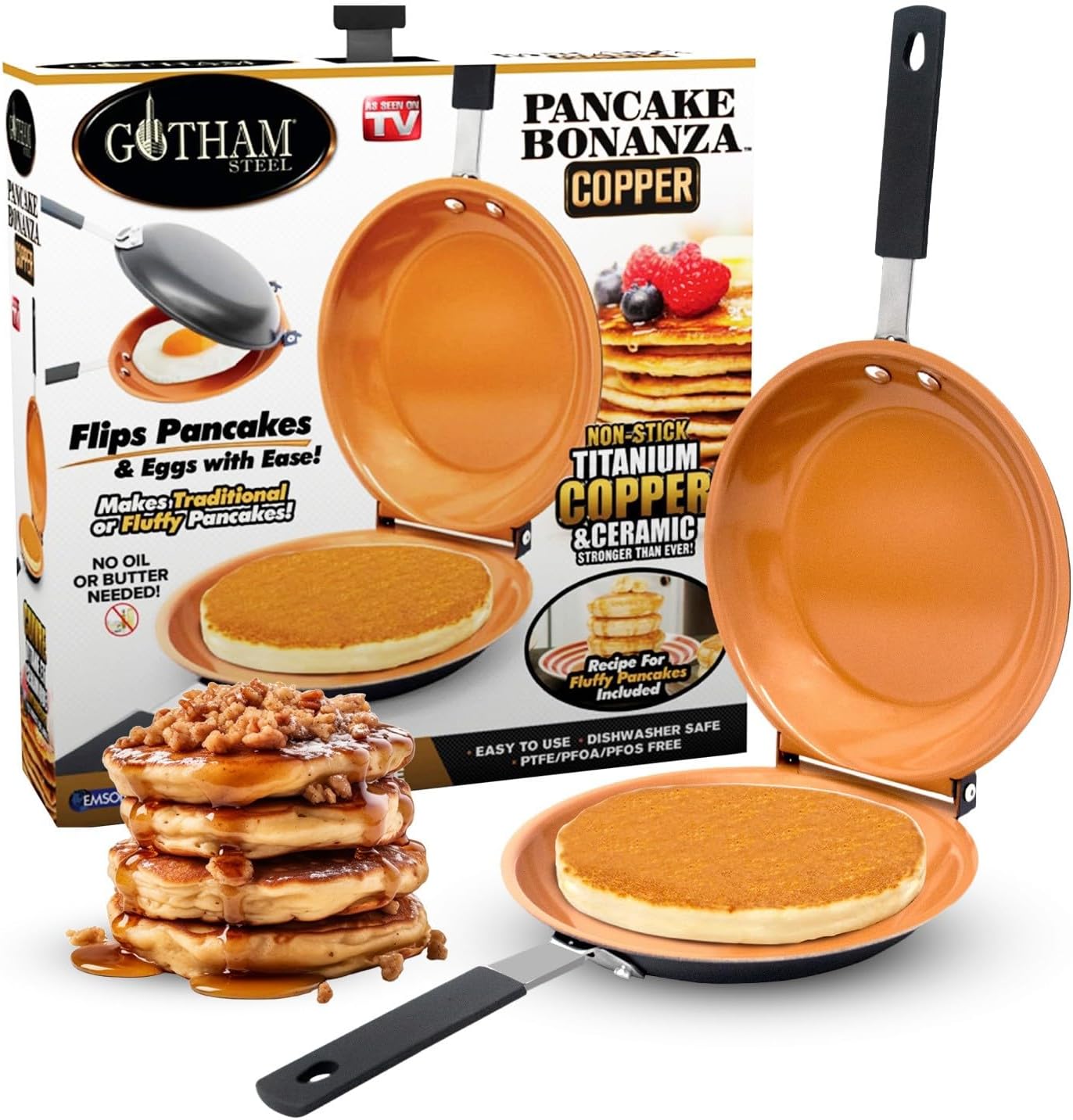GOTHAM STEEL Steel Double Pan – Nonstick Easy to Flip Pan with Rubber Grip Handles for Fluffy Pancakes Large Copper