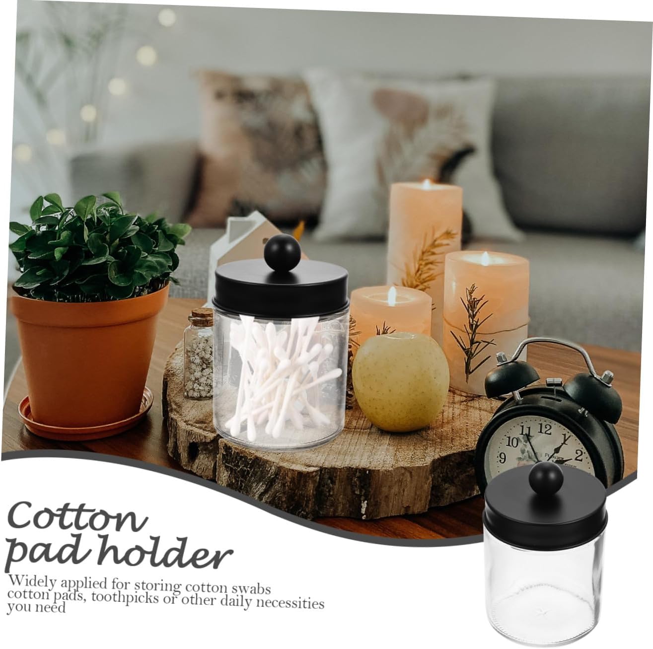 PRETYZOOM 3pcs Glass Cotton Swab Holders with Black Lids Apothecary Jars for Cotton Pads and Makeup Accessories Compact Bathroom Organizers for Vanity and Table