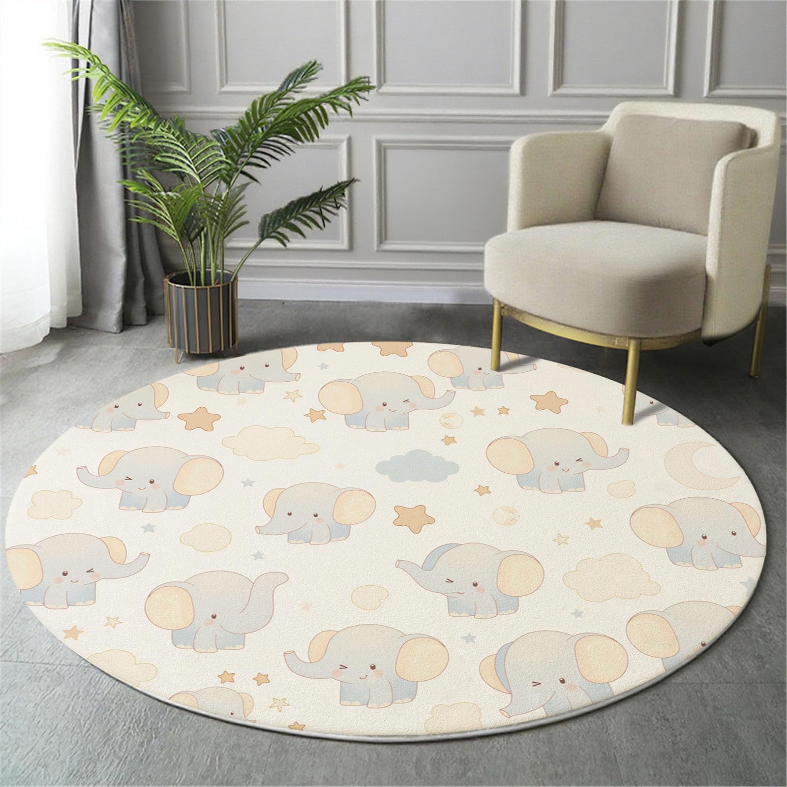 Tapis Salon Rond Diamètre 180cm, Style Dessin animé Petit éléphant, étoile et Lune, Tapis Doux Antidérapant pour Décoration Salle à Manger Chambre Canapé Cuisine Chambre d'enfant, Bleu Clair