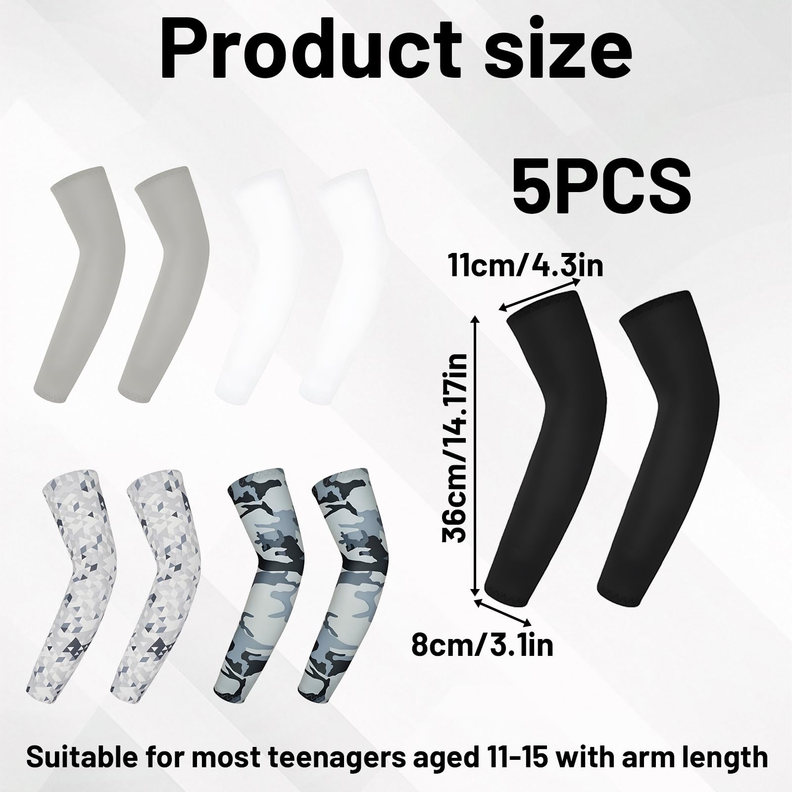 Mangas de protección Solar para Brazos Adolescentes 5 Pares Manga Deportiva compresión Juvenil 36 cm Multicolor Uso Exterior Verano
