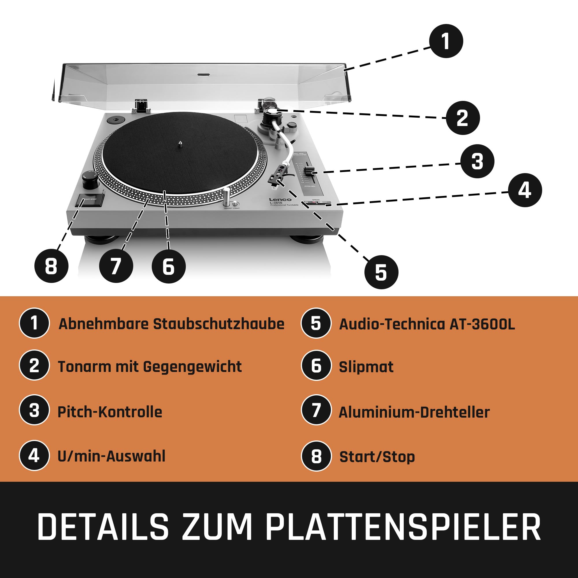 Lenco L-3810GY - Plattenspieler - Schallplattenspieler - Vinyl Player | L-3810 - 33/45 U/min - Pitch-Control - Magnet-Tonabnehmer-System - Nadelbeleuchtung - Pitch-Control