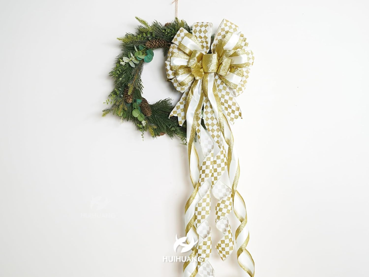 HUIHUANG Gold Christmas Tree Topper Bow 13 inch x 45 inch Gold and White Large Christmas Bows Diamond Velvet Bows for Christmas Tree Ornament, Wreaths, Staircase, Mantel, Home Decor - Image 8