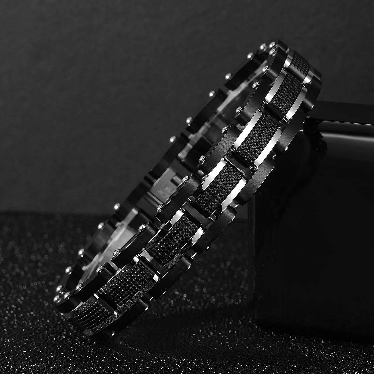 Men's Stainless Steel Two-Tone Square Link diamond Bracelet in Black & Blue Ion-Plated Black - Image 3