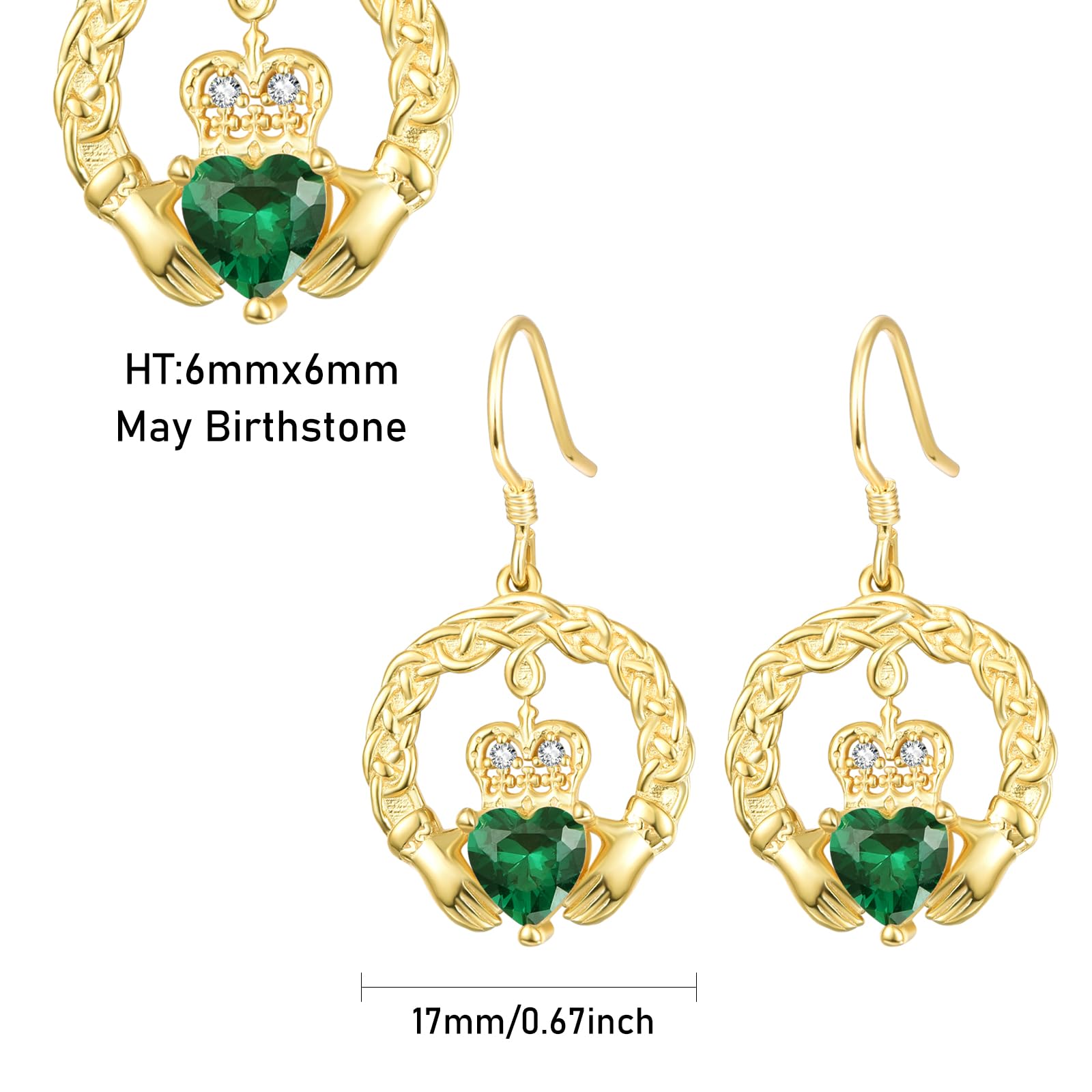 TANGPOET Claddagh Ohrringe Damen Silber 925 Vergoldet Keltische Hängend Ohrringe Geburtsstein Ohrhänger Irischer Schmuck Geschenke für Geburtstag Weihnachten Valentinstag Muttertag